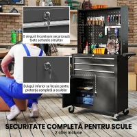 HOMCOM Cărucior de Scule din Oțel cu Blat de Lucru, 3 Sertare, Dulap, Panouri Perforate, Roți, Negru(m-6)