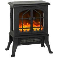 HOMCOM Șemineu Electric de Podea, Flacără 3D, Termostat 10-35°C, Plastic, Sticlă, 39x24x48 cm, Negru(m-11)