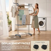 HOMCOM Séchoir à linge pliable 4 niveaux avec roulettes, étendoir linge intérieur avec ailes latérales, cadre en acier, gris(m-6)