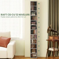 HOMCOM Raft Bibliotecă Pentru CD-uri cu 12 Polițe pentru 204 CD-uri, din MDF și PAL, 21 x 20 x 175 cm, Gri(m-4)