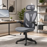 HOMCOM Chaise Bureau Ergonomique avec Accoudoirs 3D et Appui-Tête Réglable, Fauteuil de Bureau en Maille, Gris(m-2)