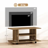 HOMCOM Suport TV Modern cu Rafturi, Roți Pivotante și Frâne, 80 x 40 x 40 cm, Nuc(m-3)