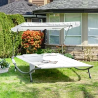 Outsunny Sonnenliege rollbar Campingliege mit Kopfkissen, Dach UV-beständig und wasserabweisend Gartenliege Liegestuhl bis 220kg belastbar für Balkon, Garten, Cremeweiß(m-10)