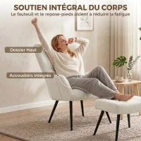 HOMCOM Fauteuil de Salon avec Repose-Pied, Fauteuil d'Appoint Capitonné en Peluche Teddy, Dossier Haut, Poches Latérales, Beige(m-4)