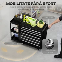 HOMCOM Cărucior pentru Unelte din Oțel cu 7 Sertare, Poliță Laterală Detașabilă, Roți, Capacitate 120kg, Negru(m-5)