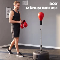 HOMCOM Punching Ball cu Înălțime Reglabilă cu Mănuși de Box, din Oțel, Piele Sintetică și PE, Ø48x136-154 cm, Negru și Roșu(m-7)