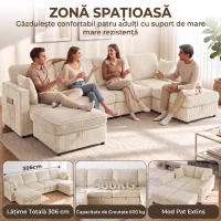 HOMCOM Canapea Modulară în U cu 4 Locuri, 2 Pufuri cu Depozitare, Catifea Reiată, 306x153x85 cm, Crem(m-4)