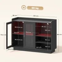 HOMCOM Bar mobil cu suport pentru sticle, lumină LED și raft reglabil, din lemn și sticlă, 120x38x88 cm, negru(m-3)