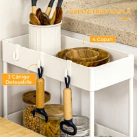 HOMCOM Cărucior Bucătărie Multifuncțional cu 4 Polițe și 3 Cârlige, Oțel și Plastic, 40x19x90 cm, Alb(m-4)