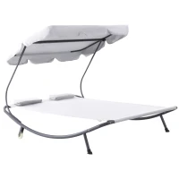 Outsunny Sonnenliege rollbar Campingliege mit Kopfkissen, Dach UV-beständig und wasserabweisend Gartenliege Liegestuhl bis 220kg belastbar für Balkon, Garten, Cremeweiß(m-1)
