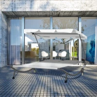 Outsunny Sonnenliege rollbar Campingliege mit Kopfkissen, Dach UV-beständig und wasserabweisend Gartenliege Liegestuhl bis 220kg belastbar für Balkon, Garten, Cremeweiß(m-2)