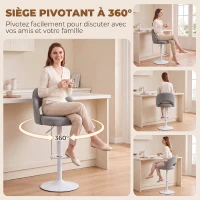 HOMCOM Lot de 2 Tabourets de Bar, Chaises de Bar Réglables en Hauteur, Assise Rembourrée en Chenille, Pivotant 360°, Gris(m-7)