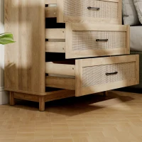 HOMCOM Cómoda 3 Gavetas em Vime Móvel de Armazenamento Cómoda Pés em Madeira Maciça Estilo Boémio 76x35x76 cm Carvalho(m-5)