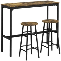 HOMCOM Conjunto Mesa Alta de Cocina con 2 Taburetes Marco de Acero Estilo Industrial Mesa Alta para Comedor Marrón Rústico(m-1)