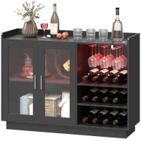 HOMCOM Bar mobil cu suport pentru sticle, lumină LED și raft reglabil, din lemn și sticlă, 120x38x88 cm, negru(m-12)
