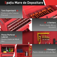 HOMCOM Cărucior pentru Scule din Oțel cu Încuietoare, 6 Sertare, 2 Dulapuri, Panou Perforat, Roți și Mâner, Roșu(m-4)