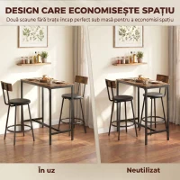 HOMCOM Set Masă de Bar cu 2 Scaune Înalte, Spătar, Suport pentru Picioare, MDF, Metal, 100x40x90,5 cm, Maro Rustic(m-6)