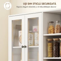 HOMCOM Bufet Bucătărie Înalt, Dulap Dispensa cu 4 Uși din Sticlă Soft-Close, 6 Rafturi Deschise, Rafturi Reglabile, Alb(m-7)