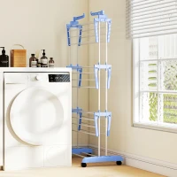HOMCOM Séchoir étendoir à linge sur roulette pliable ailes latérales intérieure et extérieure 73 x 64 x 177 cm bleu argent(m-9)