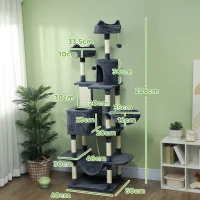 PawHut Ansamblu de Cățărat pentru Pisici, 206 cm, cu Stâlpi din Sisal, Căsuțe și Hamace, Gri Închis(m-3)