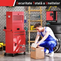 HOMCOM Cărucior pentru Scule din Oțel cu Încuietoare, 6 Sertare, 2 Dulapuri, Panou Perforat, Roți și Mâner, Roșu(m-7)