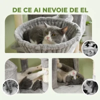 PawHut Ansamblu de Zgâriat pentru Pisici, 206 cm, cu Stâlpi din Sisal, Căsuțe și Hamace, Gri Închis(m-7)