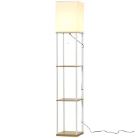 HOMCOM Modern Metal Floor Lamp with Shelves, 3 Layer Shelf Tall Standing Lamp with Fabric Lampshade, Pull Chain Switch for Living Room, Bedroom, Bulb not Included, White(m-11)
