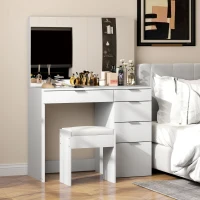 HOMCOM Set Masă de Toaletă cu Oglindă și 5 Sertare 97,2x44,5x136,5 cm și Taburet Căptușit 40x24x46 cm, Alb(m-10)