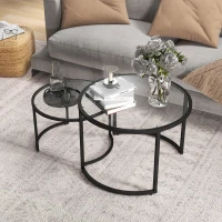 HOMCOM Set 2 mese de cafea suprapuse din sticlă și oțel, Ø70x47,5 cm și Ø54x42,5 cm, negru(m-7)