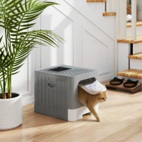 PawHut Litieră Închisă pentru Pisici, 60 L, cu Capac, Sertar Extractibil, Lopățică, Anti-scurgere, Ușor de Curățat, Gri(m-10)