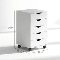 HOMCOM Comodă de Birou cu 5 Sertare și Roți Pivotante cu Frâne, 40x40x67 cm, Albă(m-3)