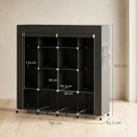 HOMCOM Armario de Tela Portátil con Ruedas 10 Compartimentos 2 Barras para Colgar Estructura de Acero Negro(m-3)