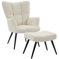 HOMCOM Fauteuil de Salon avec Repose-Pied, Fauteuil d'Appoint Capitonné en Peluche Teddy, Dossier Haut, Poches Latérales, Beige(m-18)