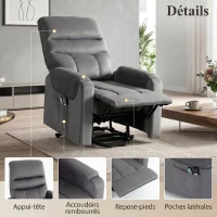 HOMCOM Fauteuil releveur électrique massage vibration et chaleur, fauteuil relax électrique en velours, gris foncé(m-7)