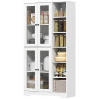 HOMCOM Bufet Bucătărie Înalt, Dulap Dispensa cu 4 Uși din Sticlă Soft-Close, 6 Rafturi Deschise, Rafturi Reglabile, Alb(m-12)