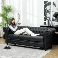 HOMCOM Canapea Chesterfield cu 3 locuri, tapițată, cu arcuri individuale, din piele sintetică, 213x86x79 cm, negru(m-2)