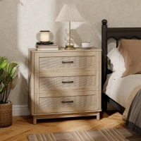 HOMCOM Comodă 3 Sertare din Ratan, Mobilier de Depozitare, Picioare din Lemn Masiv, Stil Boem, 76x35x76cm, Stejar(m-7)