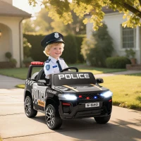 AIYAPLAY Carro Elétrico para Crianças de Polícia 12V com Motor Duplo Suspensão em 4 Rodas Sirene Faróis LED Porta USB Bluetooth e Música Preto(m-10)