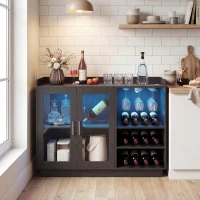 HOMCOM Bar mobil cu suport pentru sticle, lumină LED și raft reglabil, din lemn și sticlă, 120x38x88 cm, negru(m-9)
