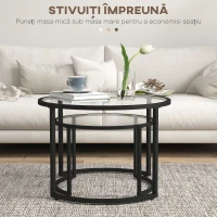 HOMCOM Set 2 mese de cafea suprapuse din sticlă și oțel, Ø70x47,5 cm și Ø54x42,5 cm, negru(m-4)