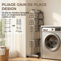 HOMCOM Séchoir à linge pliable 4 niveaux avec roulettes, étendoir linge intérieur avec ailes latérales, cadre en acier, gris(m-7)