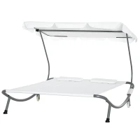 Outsunny Sonnenliege rollbar Campingliege mit Kopfkissen, Dach UV-beständig und wasserabweisend Gartenliege Liegestuhl bis 220kg belastbar für Balkon, Garten, Cremeweiß(m-11)