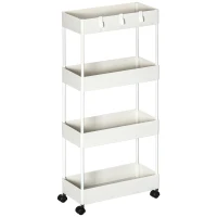 HOMCOM Cărucior Bucătărie Multifuncțional cu 4 Polițe și 3 Cârlige, Oțel și Plastic, 40x19x90 cm, Alb(m-12)