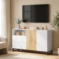 HOMCOM Bufet Modern 140 cm cu Poliță Deschisă, Alb și Stejar(m-10)