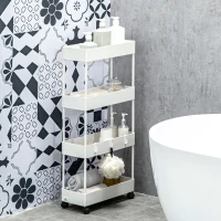 HOMCOM Cărucior Bucătărie Multifuncțional cu 4 Polițe și 3 Cârlige, Oțel și Plastic, 40x19x90 cm, Alb(m-2)