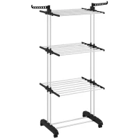 HOMCOM Séchoir étendoir à linge sur roulette pliable ailes latérales intérieure et extérieure 73 x 64 x 177 cm noir argent(m-12)