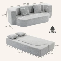 HOMCOM Canapea Extensibilă 2 în 1, 2 Locuri, cu 2 Perne Detașabile, Brațe Laterale, Șezut Tapițat, Chenille, Gri Deschis(m-3)