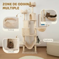 PawHut Ansamblu de Zgâriat pentru Pisici, 206 cm, cu Stâlpi din Sisal, Peșteri și Hamace, Bej(m-4)
