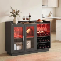 HOMCOM Bar mobil cu suport pentru sticle, lumină LED și raft reglabil, din lemn și sticlă, 120x38x88 cm, negru(m-2)