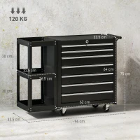 HOMCOM Cărucior pentru Unelte din Oțel cu 7 Sertare, Poliță Laterală Detașabilă, Roți, Capacitate 120kg, Negru(m-3)